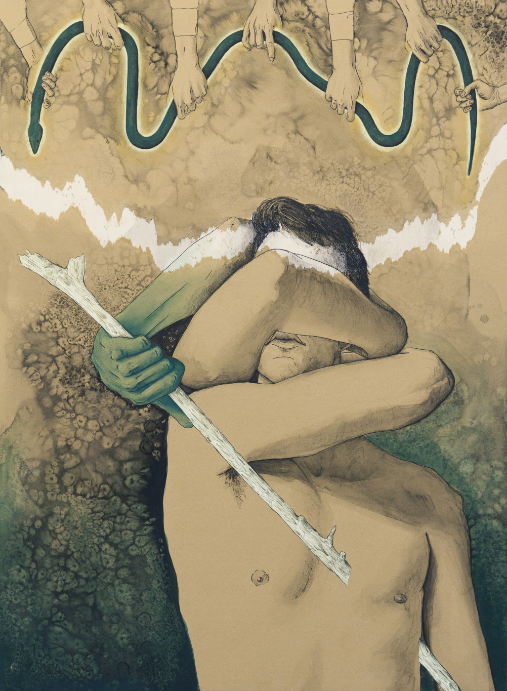 Black, brown, and green ink drawing on wood panel of male figure with arm wrapped around body