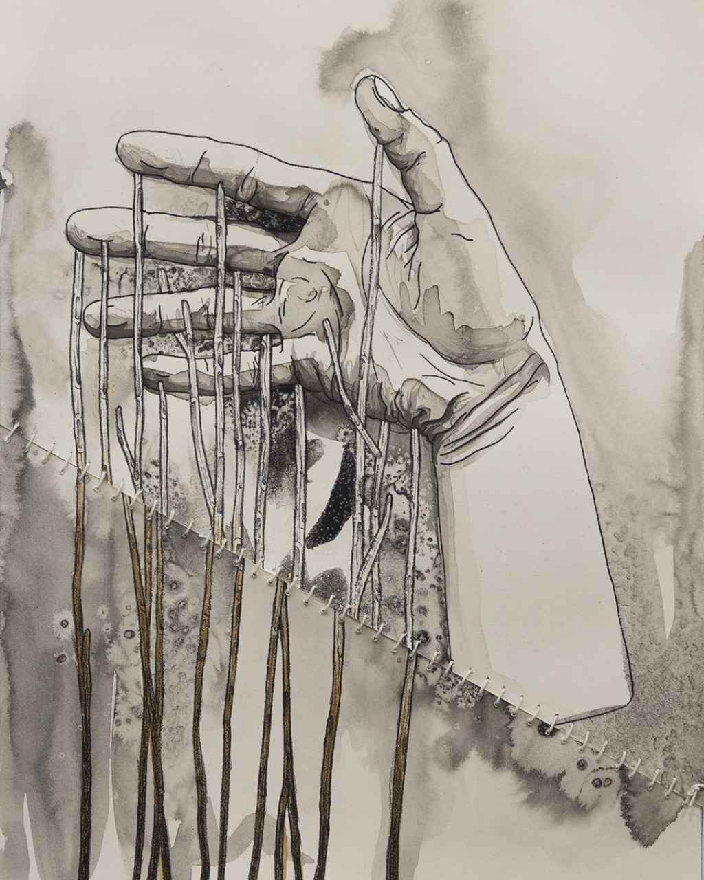 Ink drawing of sticks holding up limp hand, stiched together
