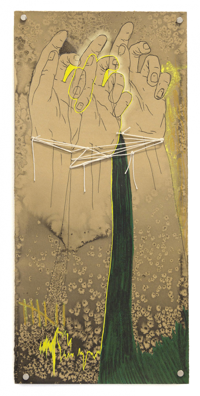Ink and acrylic paint drawing on paper of three hands tied together with string