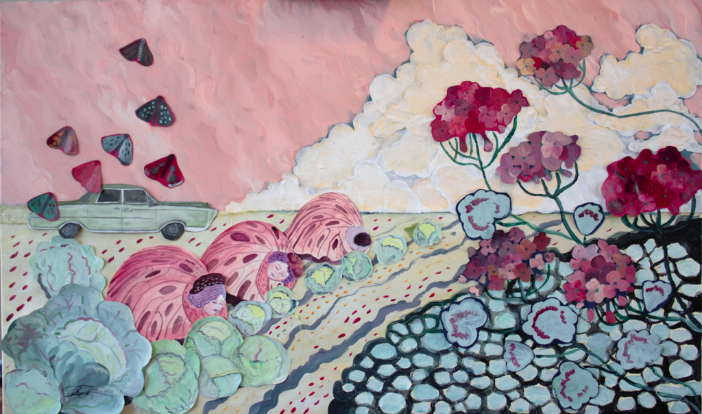 Pink artwork featuring women and cabbages
