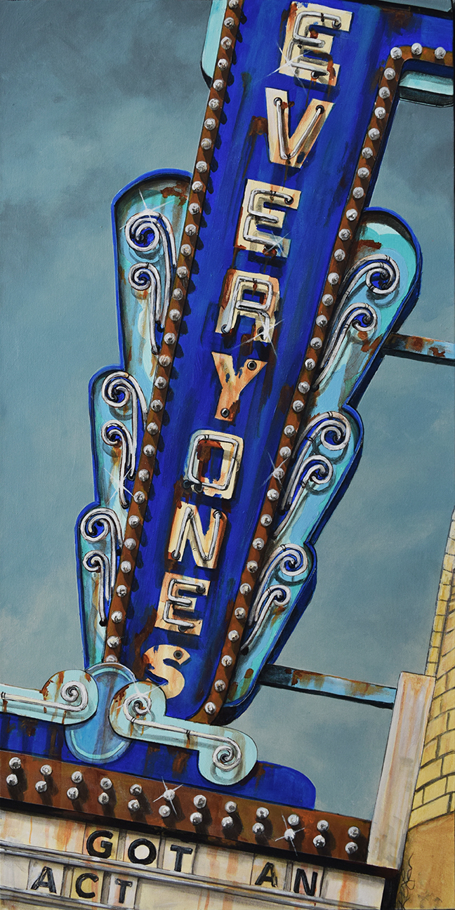 Painting of a neon sign with the text "Everyone's got an act".