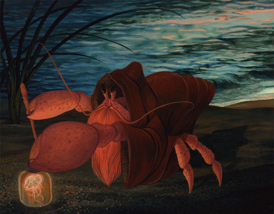 a painting of a hermit crab on a beach
