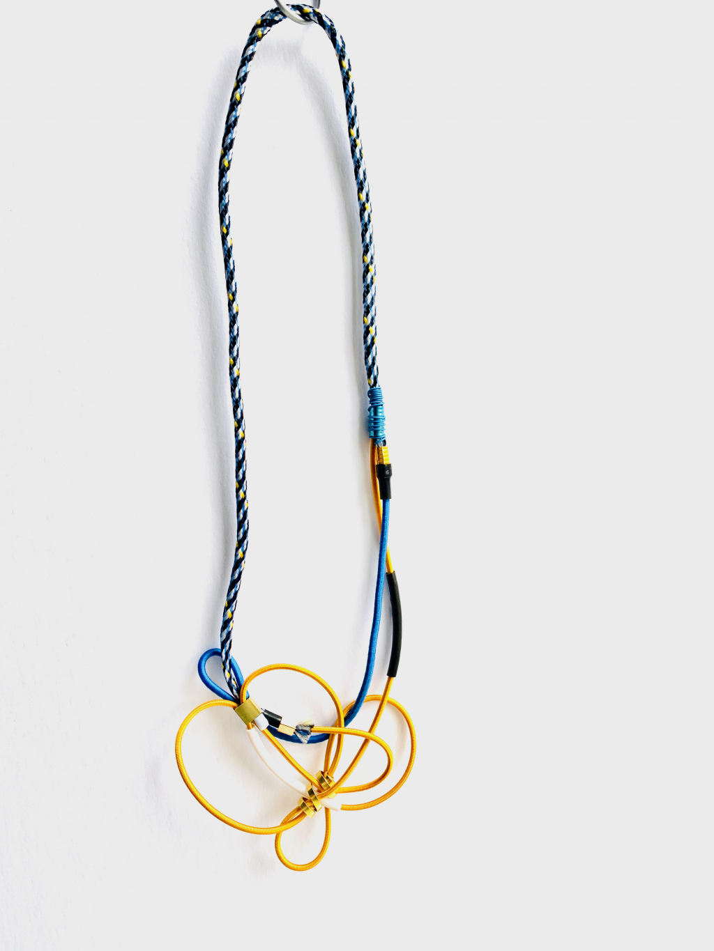 Necklace, shock cord, collage, yellow and blue