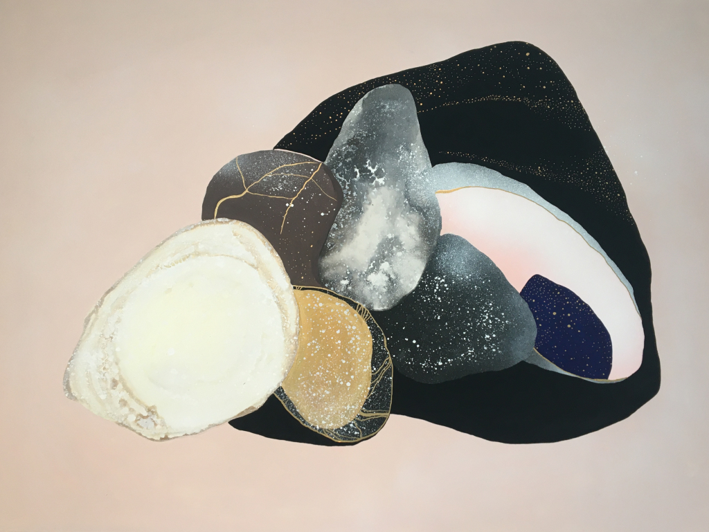 Stones falling into a void. Light pink background and grey and black stones with gold accents