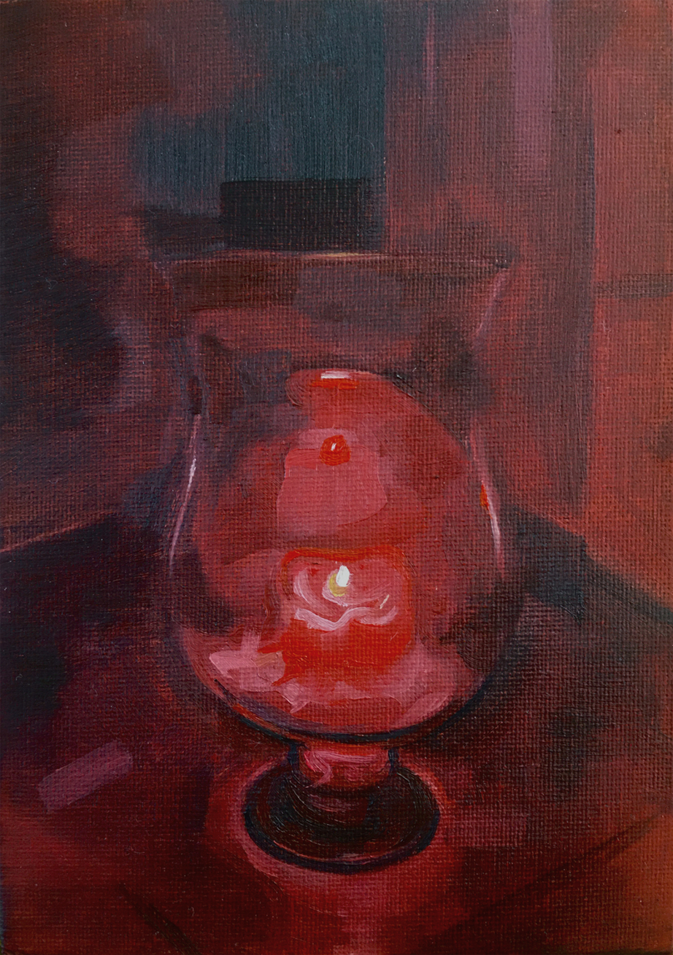 Painting of a red candle holder, lit to cast a red light.