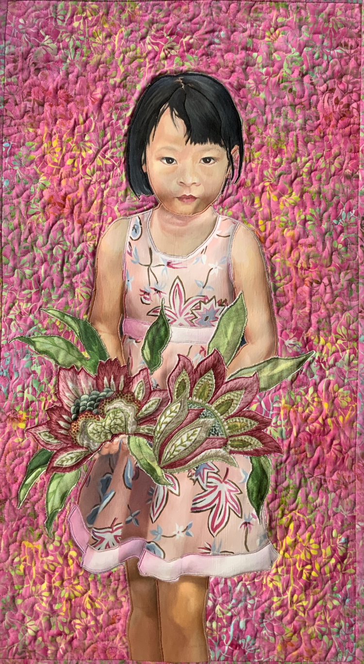 Young girl from Hong Kong holds a beautiful bouquet of lilies against a pink background.