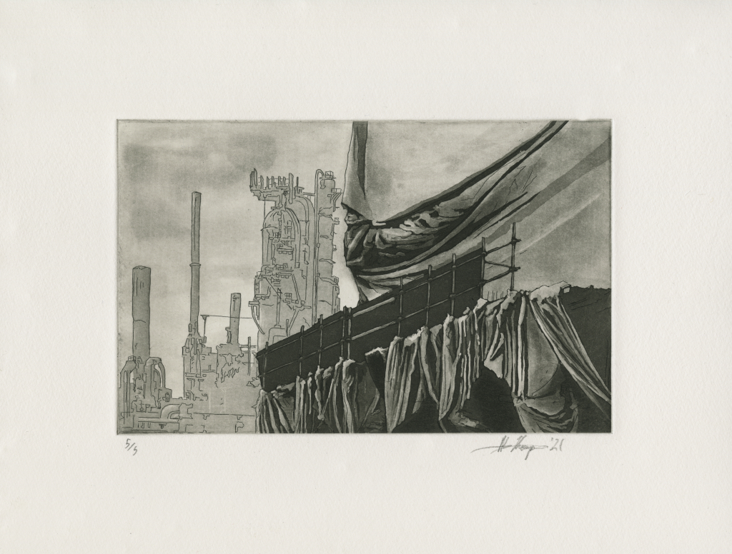 A monochromatic etching showing a distant oil refinery, with the edge of a tarp-covered building in the foreground.