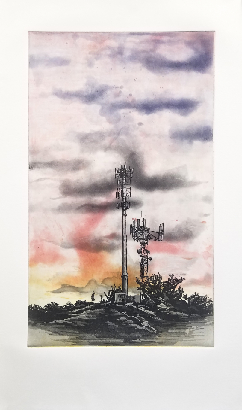 An etching depicting two cell towers in black and white, surrounded by yellow, pink, and blue clouds.