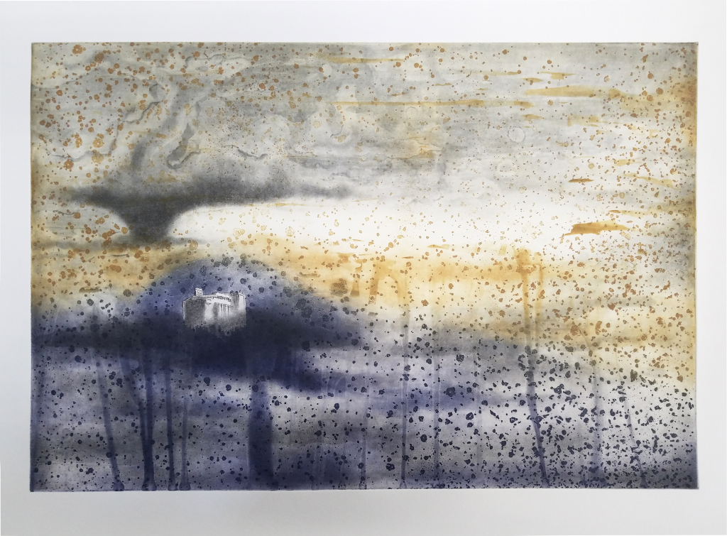An etching depicting a large boxy structure with short smokestacks from a distance, emerging from fog.