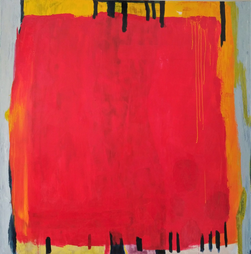 A red curtain dominates the canvas, anchored by threadbare black connections.