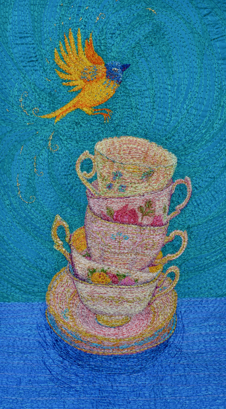 stitched-colourful-yellow-flying-bird-stacked-teacups-still life-playful
