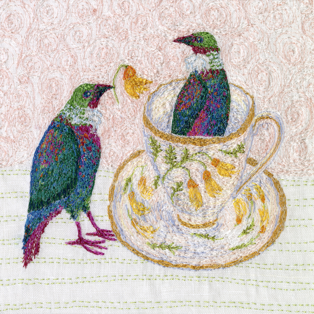 embroidery-linen-Tui-two-New-Zealand-birds-teacup-nesting-playful