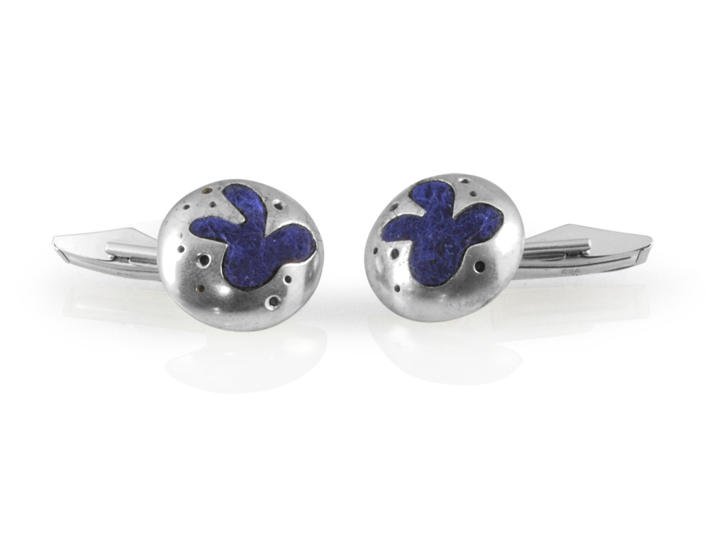 sterling silver cufflinks, hollow forms with cutout and needled felt.