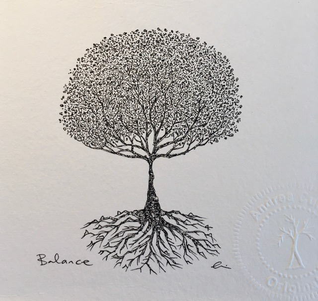 Deciduous leaves with with equal amount ratio of roots to branches exposed. Black ink drawing.