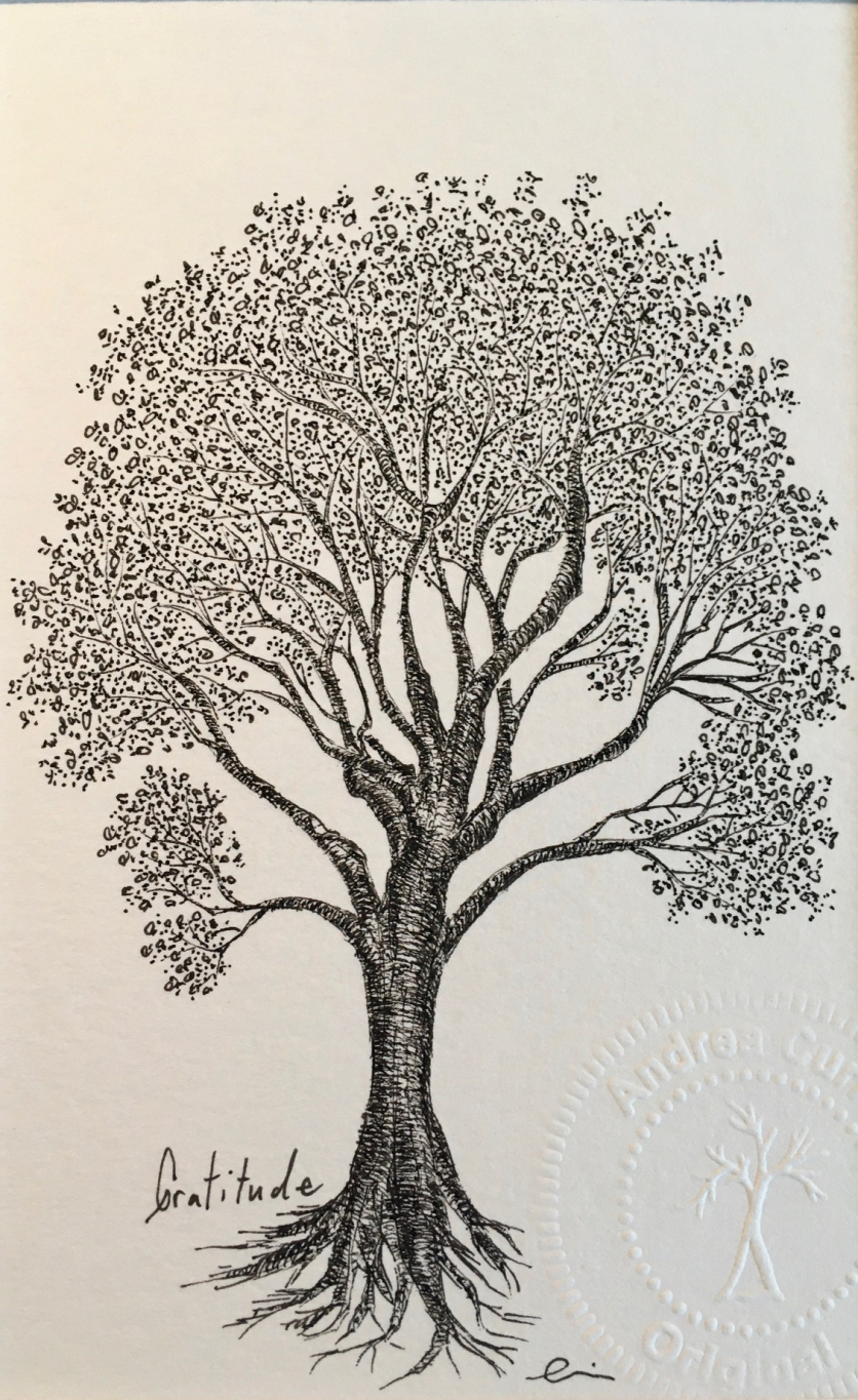 Fine tip black ink used, mostly stippling technique. Tree is in the shape of a glass that looks full.