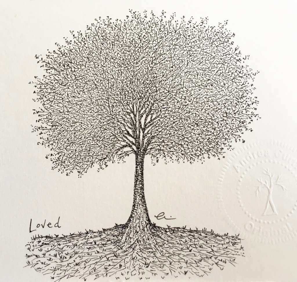 Original drawing on watercolour paper. Inspired by deciduous tree. Stippling and crosshatching. Loved written on left of tree