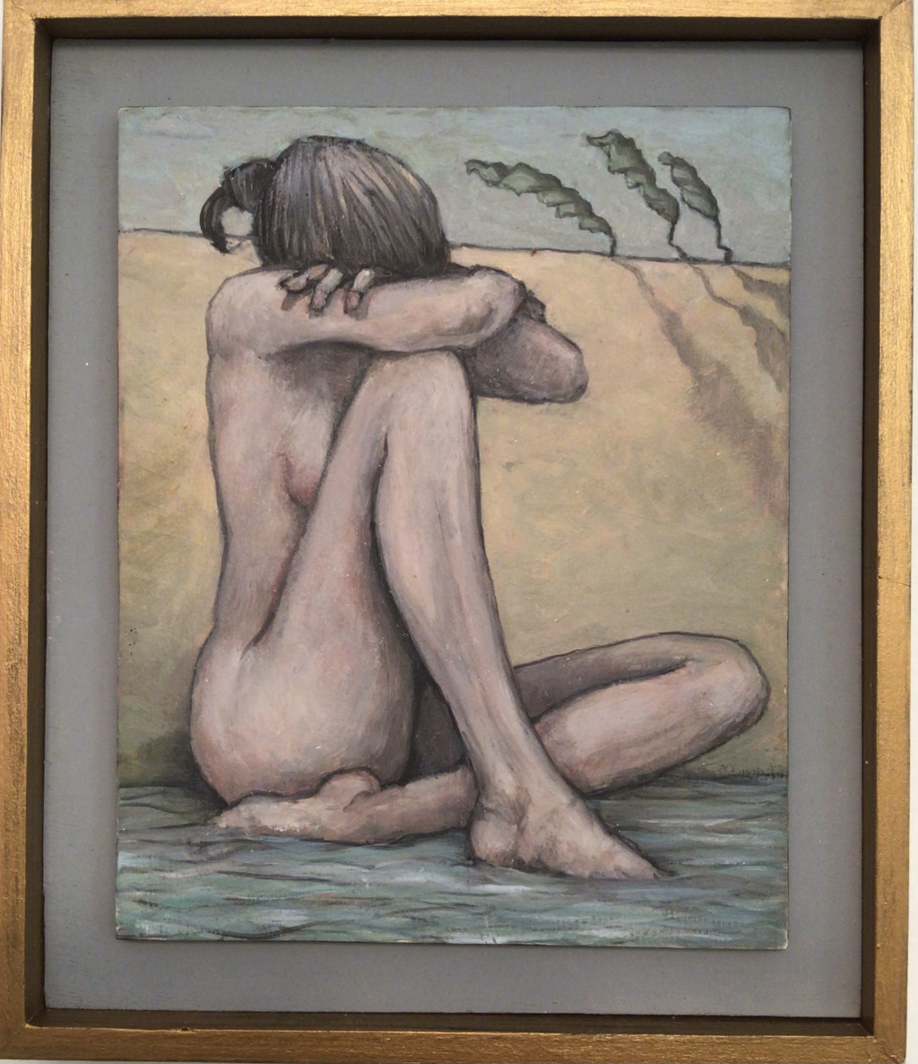A small female nude seated by water with Italian field.