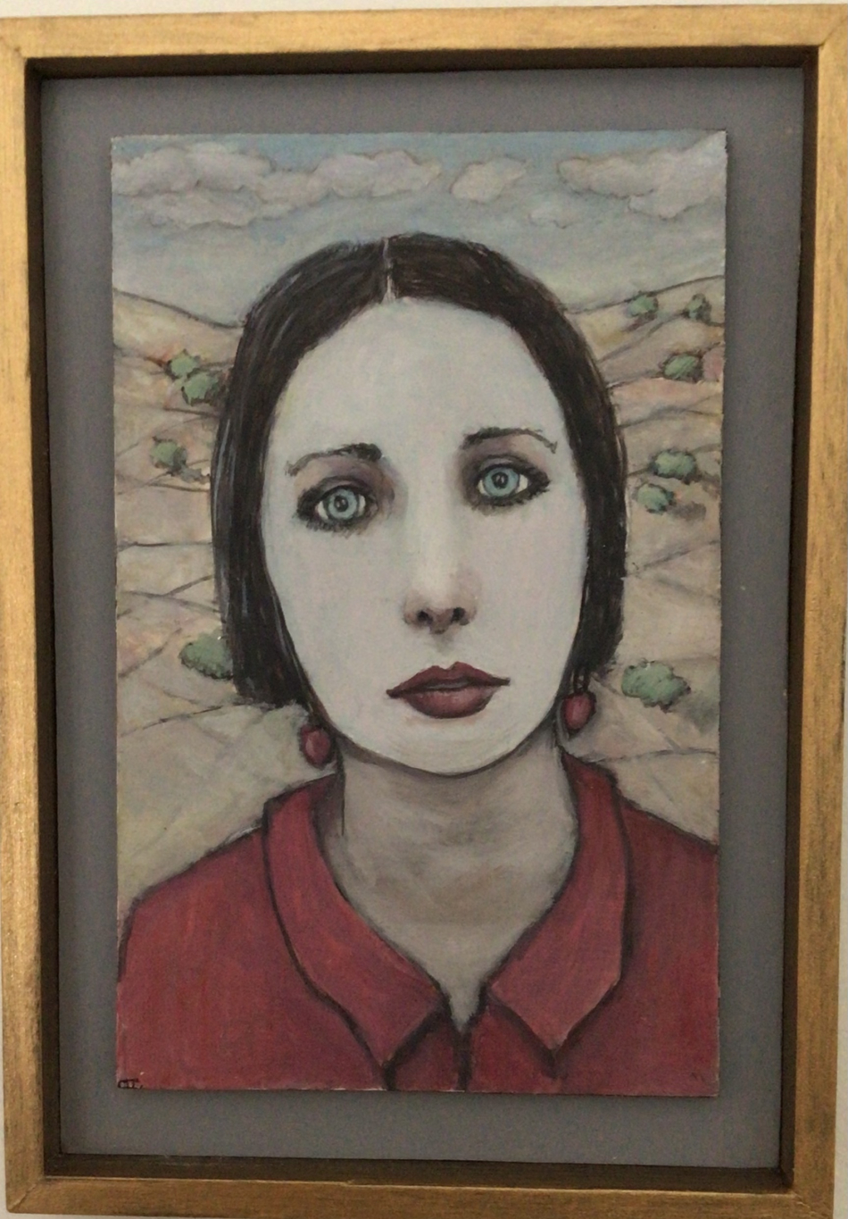 A small contemporary oil portrait of a woman in red dress against an Italian landscape.