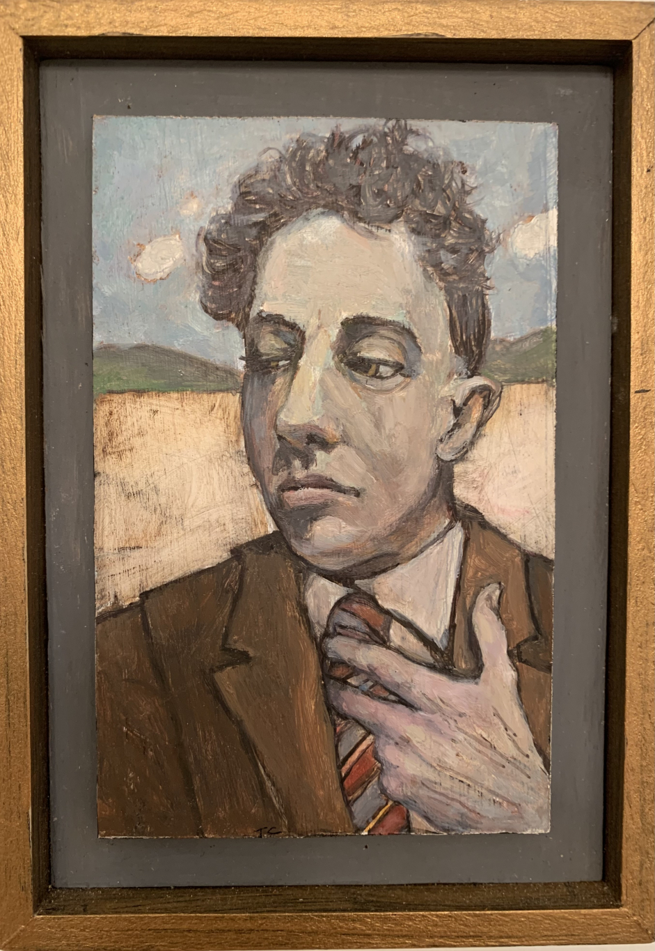 A small oil portrait of a man in a suit on wood panel. The background is of a summer landscape. His gaze is distant.