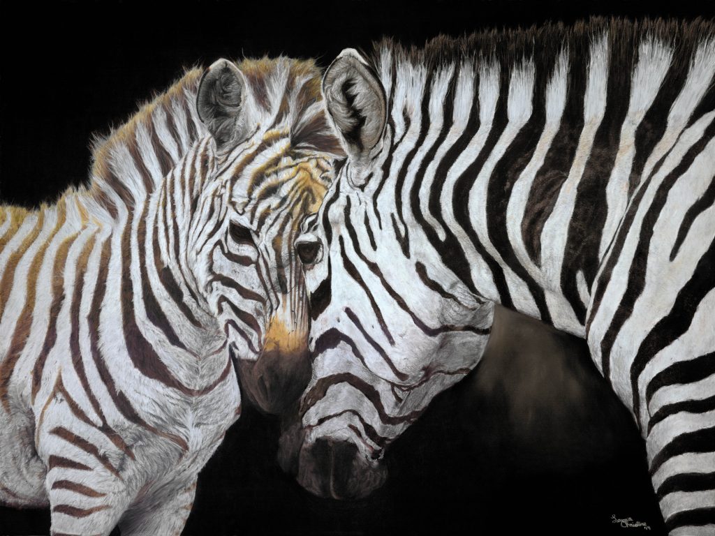 This pastel painting captures a quiet moment between a zebra mother and foal.