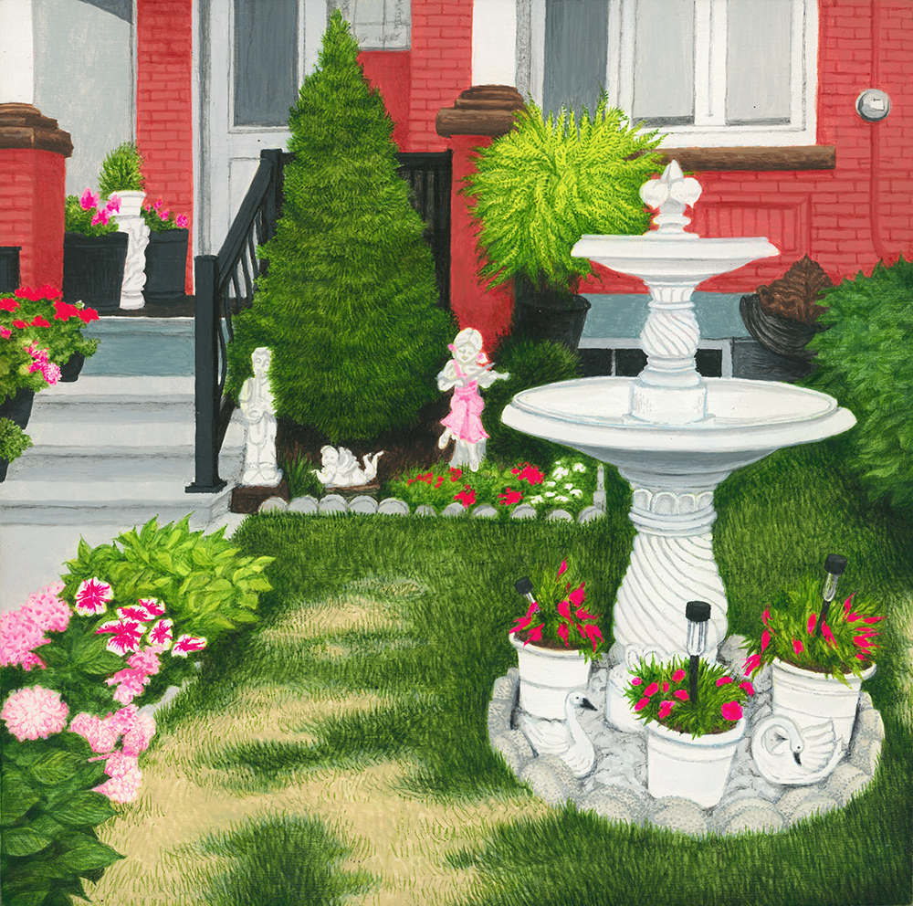 A well manicured front lawn with concrete lawn ornaments of swans and children playing instruments and lots of bright flowers