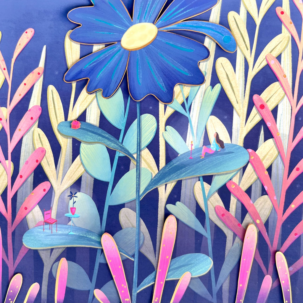 Illustration of a magic garden with a woman sitting in one of flowers contemplating a lamp.