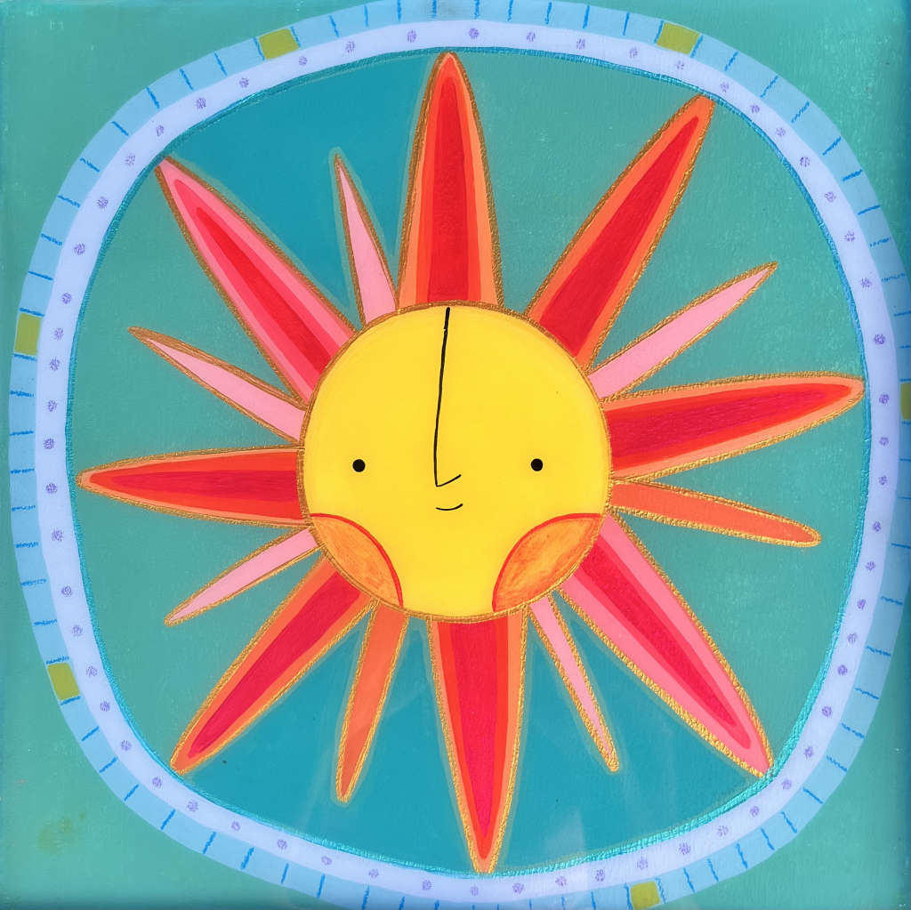 Painting of a sun with a turquoise background.