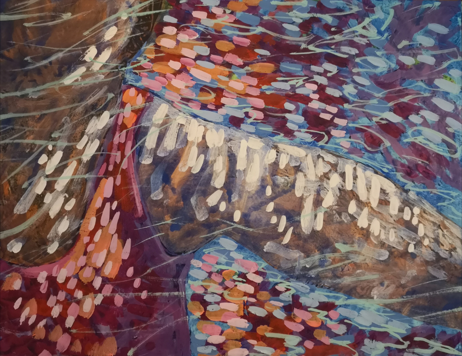 Portion of a figure swimming under water with speckled light wrapped over them