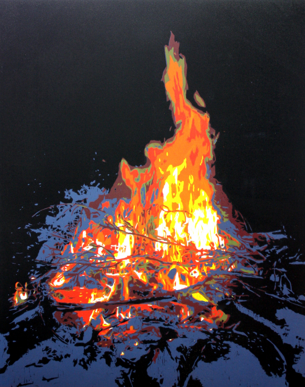 This is a woodcut print depicting a campfire against a black background.