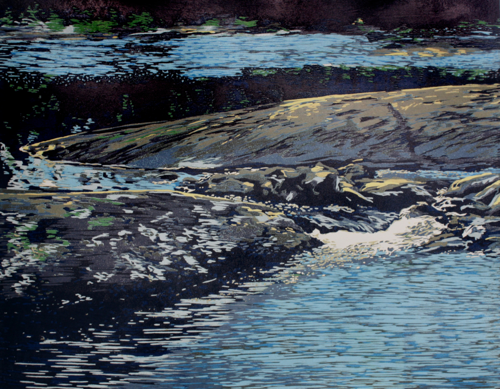 This is a woodcut print depicting granite rocks surrounded by water.