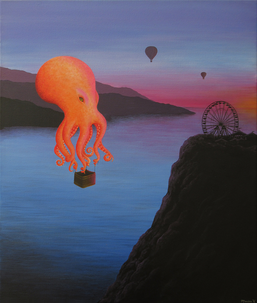 Octopus holding a basket, flying amongst other hot air balloons over sunset cliffs, toward a cliff with a carnival atop it.