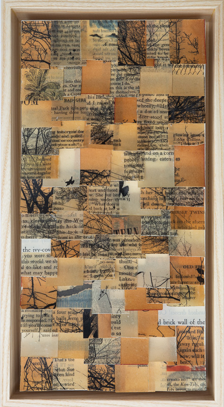 Vintage book pages printed, waxed and cut in small pieces and collaged into a rectangle