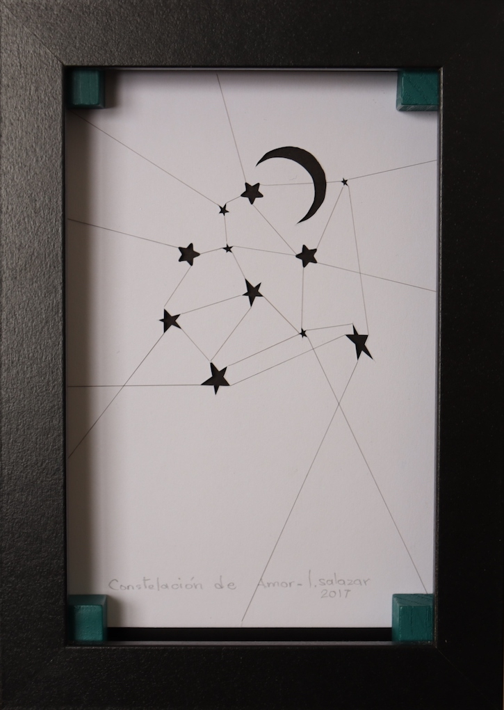 I used her own lost hair connecting perforated stars to configure a constellation as part of her passion with the Universe