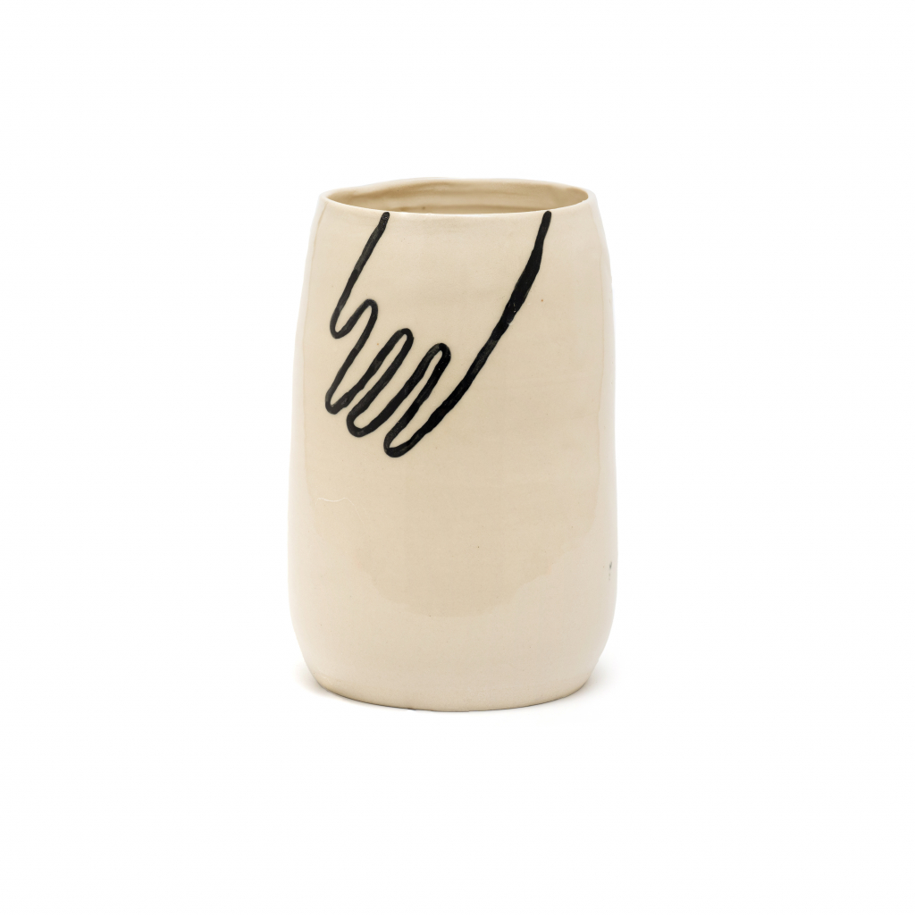 White stoneware vase with an illustrated black outline of a four-fingered hand.