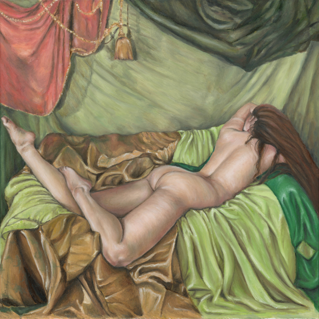 A nude figure lays atop a couch blanketed with rich throws. Her auburn hair spills off the side with her head turned away.