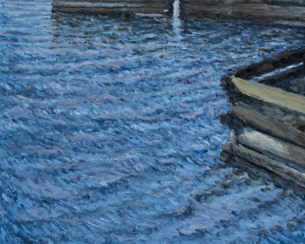 Painting of blue water around 2 wharfs.
