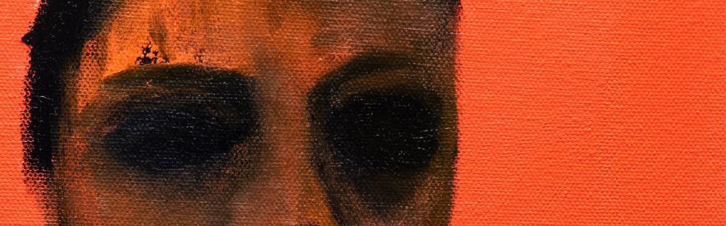 Close up of eye in dark blue oil paint with orange background