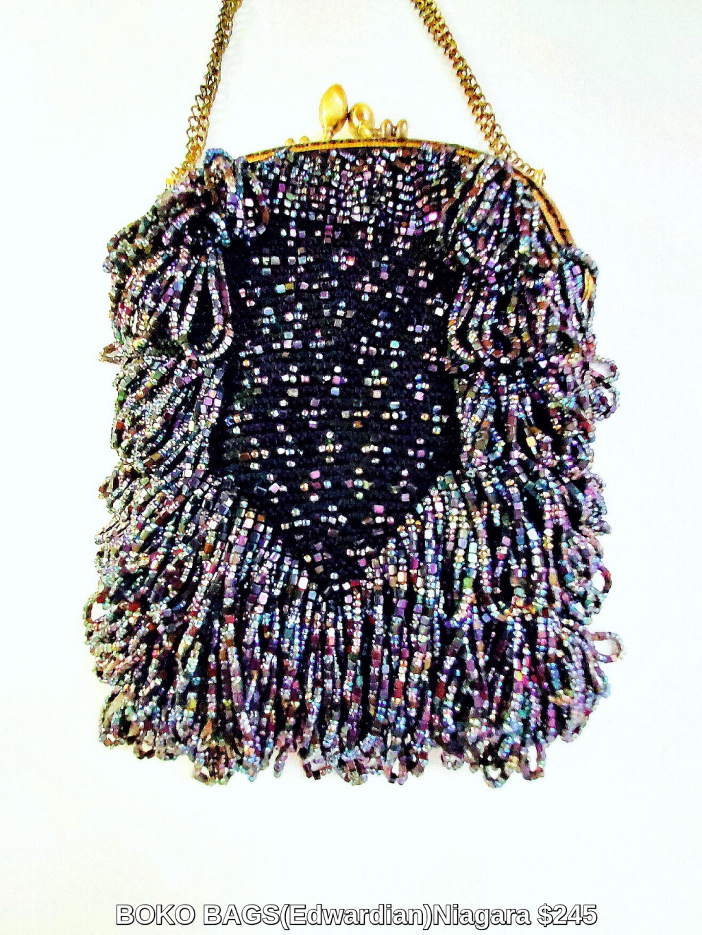 Blue varigated seed beads.Entire bag has varying length of fringe topped by an antique styls brass coloured frame