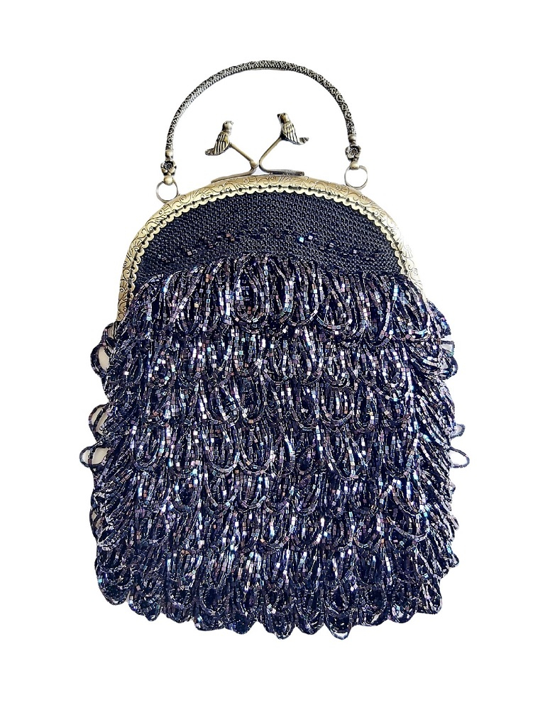 rainbow orient on dark blue beads.bird motif frame, fringe 2 inch fringes