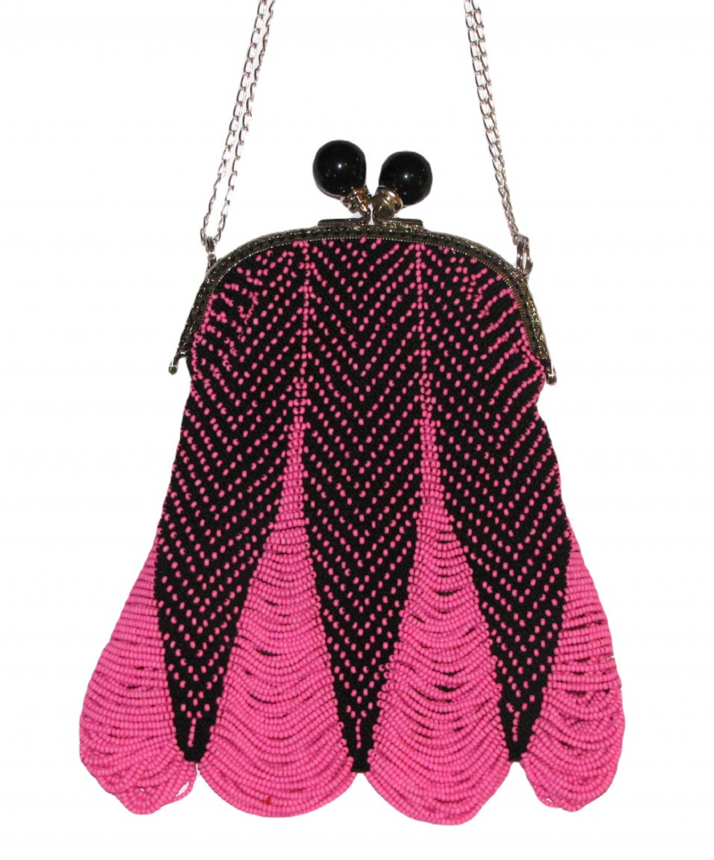 Shocking pink seed beads distinctive black thread highlights,wedge drape