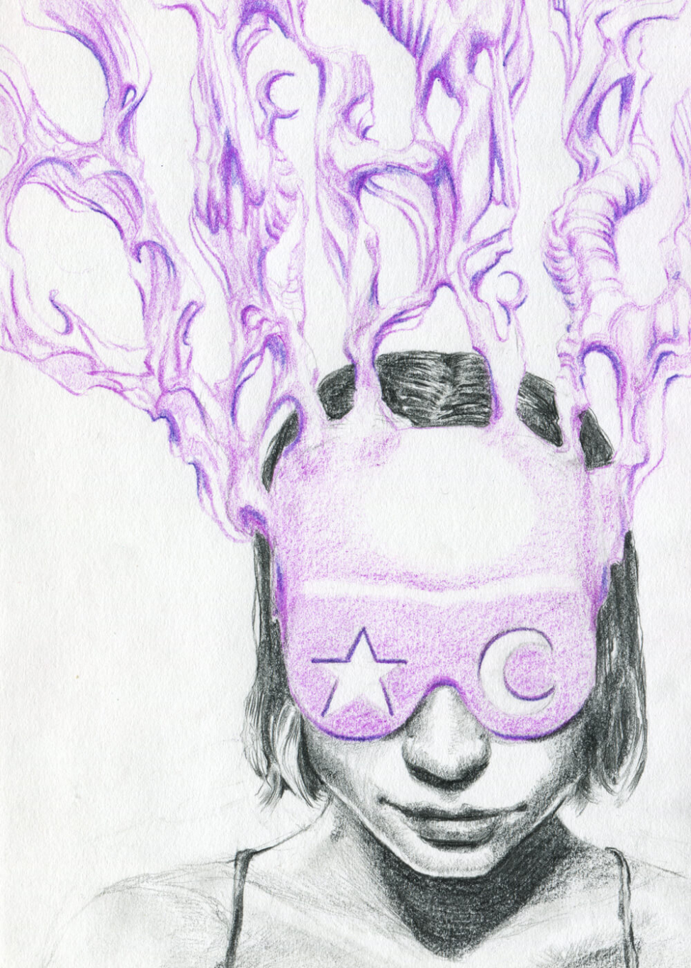 A drawing of a person wearing a headset branching out into twisted forms, with eyeholes shaped like a star and a moon.