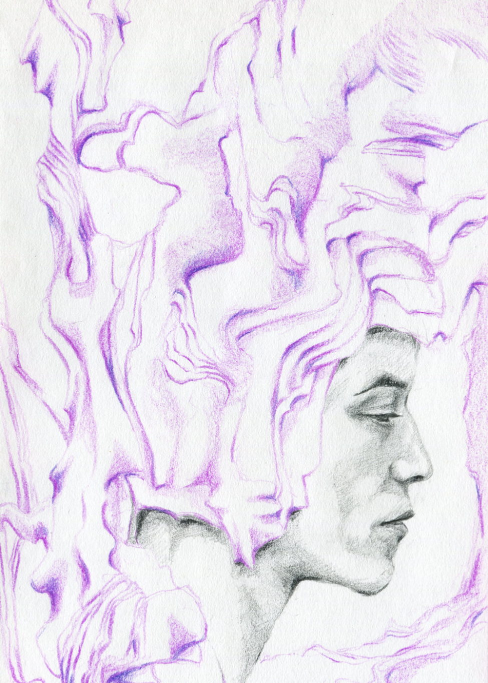 A drawing of a mass of overlapping forms, with the lower portion exposing a face in profile.