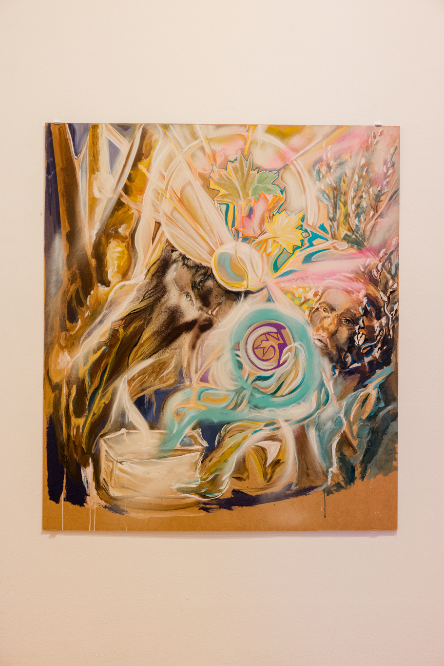 The painting is separated by bright flashes of light, one side has a figure that collects sap from a tree.