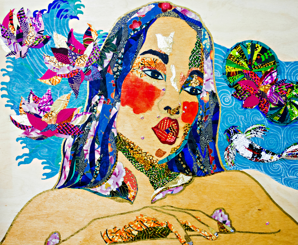 A femminine figure is surrounded by waves, koi fish, and lilly pads. Her hair is a collage of different patterns.