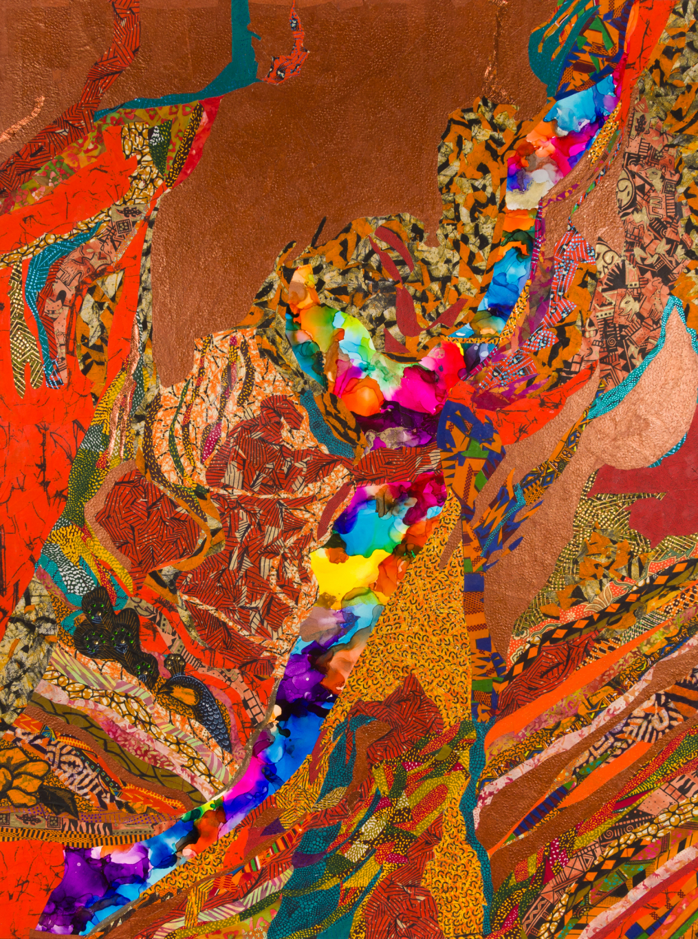 A collage of patterns and colours with a rainbow watercolor cascading through the centre.