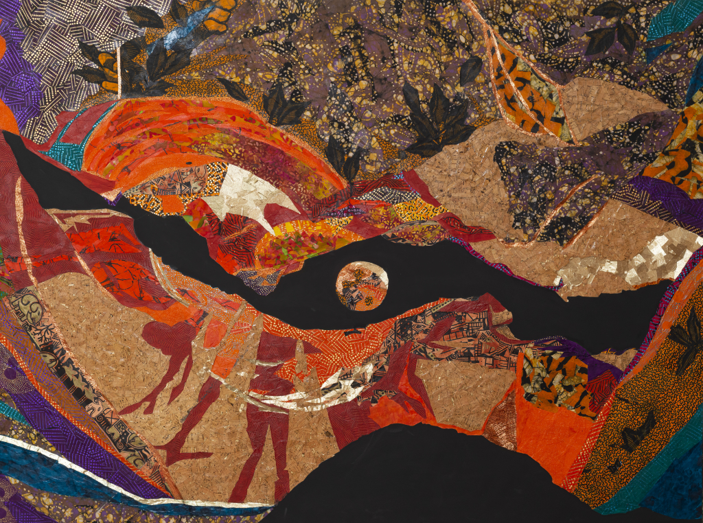 A collage of patterns and colours with a black void cutting through the middle creating an abstract eye.