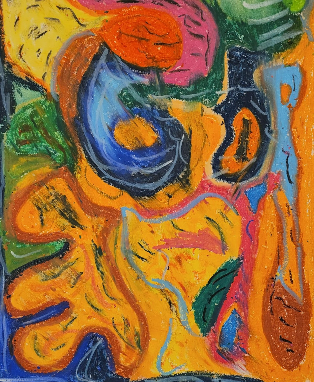 An abstract image in oil pastel. The colours are bold shapeless blobs that resemble a one eyed monster.